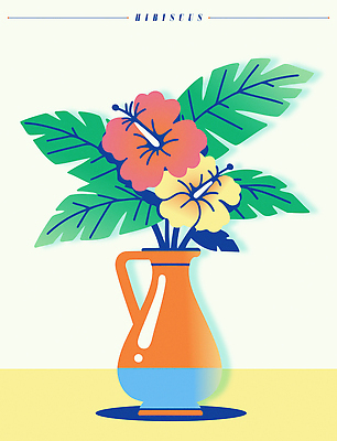 일러스트 여름꽃 사람없음 노란색 꽃병 주황색 히비스커스 트로피컬아트 국내일러스트 AI파일 꽃 컬러 그림 파일형식 벡터 여름_계절