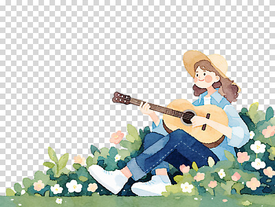 편집이미지 꽃 행복 감정 여유 음악 모션 자연 아웃도어 소녀 초원 취미 캐주얼 햇빛 정원 기타 표현 분위기 편안함 즐거움 그림 PNG 식물 옷 여자 어린이 컨셉 현악기 문화예술 태양 감각 생태계 파일형식