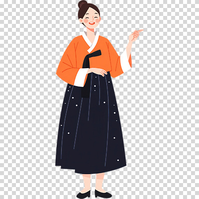 편집이미지 전통 옷 여자 패션 기념일 문화 한국 미소 손짓 이벤트 검은색 축제 주황색 우아함 전통의상 한복 PNG 뷰티풀 선율 한국전통 아시아 컬러 컨셉 모션 표정 사람 파일형식