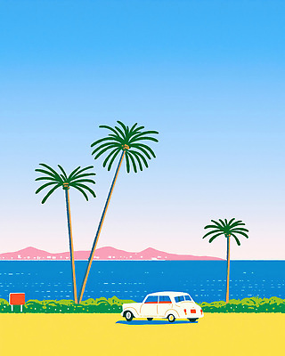 PSD 바다 일러스트 자동차 하늘 산 해변 사람없음 파란색 관광지 야자수 여름풍경 풀 국내일러스트 나무 식물 육상교통 컬러 여행 풍경 파일형식 여름_계절