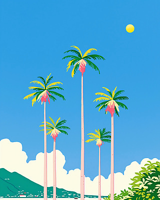 PSD 구름 일러스트 하늘 산 사람없음 파란색 야자수 태양 여름풍경 풀 국내일러스트 자연요소 나무 식물 컬러 풍경 파일형식 여름_계절