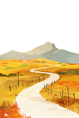 JPG 나무 길 여행 일러스트 자연 하늘 휴식 산 따뜻함 잔디 초원 사람없음 노란색 평화 가을풍경 고요 트래킹 언덕 나무울타리 국내일러스트 AI일러스트 AI콘텐츠 식물 컬러 컨셉 레저 풍경 울타리 생태계 파일형식 가을_계절