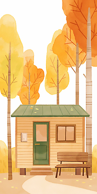 JPG 나무 단풍 벤치 일러스트 창문 자연 휴식 주택 따뜻함 사람없음 일상 문 평화 가을풍경 캠핑 숲 편안함 오두막 힐링 조용 국내일러스트 AI일러스트 AI콘텐츠 식물 컨셉 잎 의자 레저 풍경 건물 라이프 감각 생태계 파일형식 가을_계절