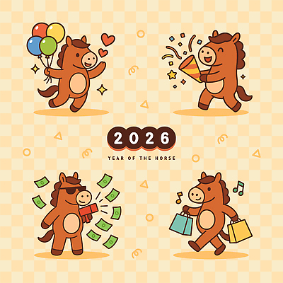 기념일 행복 지폐 음표 일러스트 새해 폭죽 미소 웃음 들기 사람없음 반짝임 쇼핑 선글라스 쇼핑백 파티 걷기 귀여움 새해인사 축하 잡기 즐거움 말띠 꽃가루 풍선 2026년 머니건 일러캐릭터 병오년 붉은말 붉은말캐릭터 AI파일 캐릭터 기호 감정 안경 음악 컨셉 돈 가방 모션 표정 이벤트 총 십이지신 인사 말_동물 가루 연도 말캐릭터 파일형식 벡터