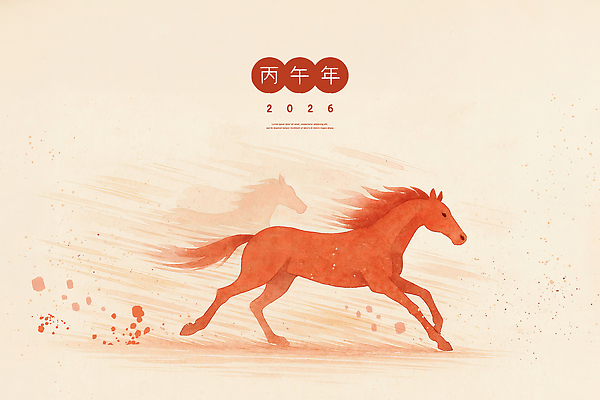 PSD 디자인 일러스트 수채화 새해 사람없음 빨간색 달리기 속도 역동적 말띠 활기 잔상 2026년 국내일러스트 병오년 붉은말 컬러 컨셉 모션 십이지신 말_동물 연도 파일형식