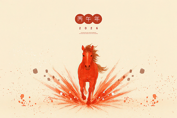 PSD 디자인 예술 일러스트 수채화 새해 기념 사람없음 빨간색 달리기 힘 활발 말띠 2026년 국내일러스트 병오년 붉은말 컬러 컨셉 모션 십이지신 말_동물 연도 파일형식