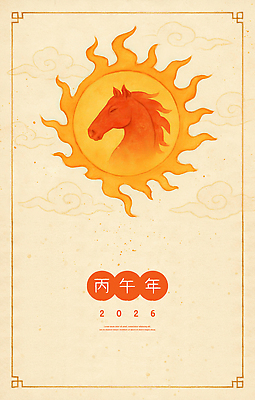PSD 구름 디자인 예술 일러스트 수채화 새해 기념 사람없음 태양 전통문양 말띠 구름문양 2026년 국내일러스트 병오년 붉은말 자연요소 전통 문양 십이지신 말_동물 연도 파일형식 구름_자연