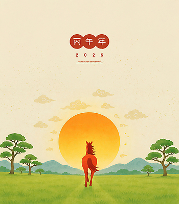 PSD 나무 구름 일러스트 자연 수채화 새해 잔디 초원 사람없음 태양 걷기 일출 고요 새벽 말띠 구름문양 2026년 산맥 국내일러스트 병오년 붉은말 자연요소 식물 문양 모션 산 노을 십이지신 말_동물 연도 생태계 파일형식 구름_자연