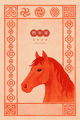 PSD 디자인 포스터 예술 일러스트 수채화 새해 기념 사람없음 빨간색 전통문양 말띠 이미지 2026년 국내일러스트 병오년 붉은말 전통 문양 컬러 십이지신 말_동물 연도 파일형식