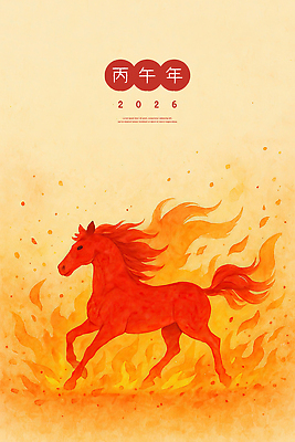 PSD 디자인 포스터 일러스트 불 수채화 새해 기념 사람없음 빨간색 달리기 뜨거움 역동적 말띠 2026년 국내일러스트 병오년 붉은말 자연요소 컬러 컨셉 모션 십이지신 말_동물 연도 파일형식