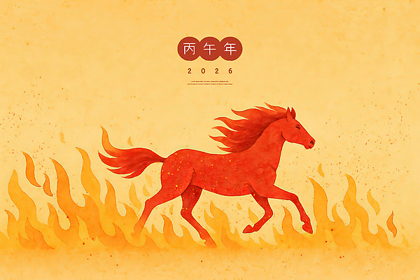 PSD 디자인 예술 일러스트 불 수채화 새해 기념 사람없음 빨간색 달리기 노란색 화려 말띠 색감 2026년 국내일러스트 병오년 붉은말 자연요소 컬러 컨셉 모션 십이지신 말_동물 연도 파일형식