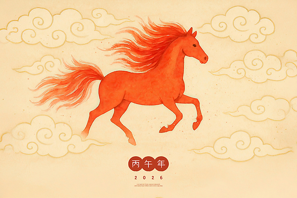 PSD 구름 디자인 전통문화 예술 일러스트 수채화 새해 사람없음 빨간색 달리기 말띠 구름문양 생동감 2026년 국내일러스트 병오년 붉은말 자연요소 전통 문양 문화 컬러 모션 십이지신 말_동물 연도 파일형식 구름_자연
