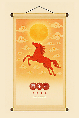 PSD 구름 예술 일러스트 수채화 새해 기념 사람없음 장식 빨간색 반짝임 태양 노란색 일출 힘 말띠 족자 구름문양 2026년 국내일러스트 병오년 붉은말 자연요소 문양 컬러 모션 노을 십이지신 말_동물 연도 파일형식 구름_자연