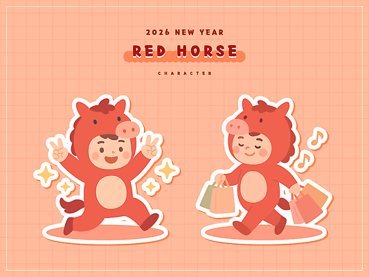 전신 행복 가방 음표 일러스트 새해 사람 두명 빨간색 반짝임 쇼핑 달리기 쇼핑백 걷기 귀여움 새해인사 즐거움 브이 말띠 인형탈 코스프레 2026년 일러캐릭터 병오년 붉은말 붉은말캐릭터 AI파일 캐릭터 기호 잡화 감정 음악 컬러 컨셉 모션 손짓 십이지신 인사 말_동물 연도 탈 말캐릭터 파일형식 벡터