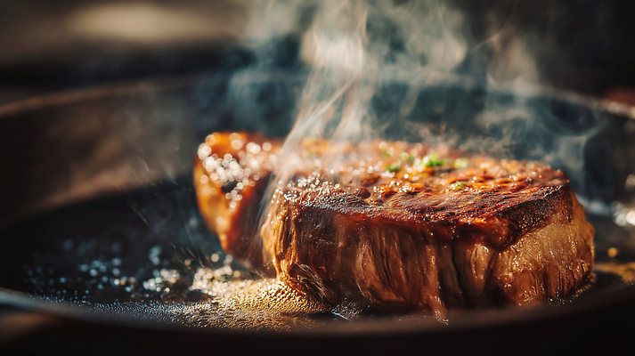JPG 편집이미지 스테이크 사람없음 레스토랑 프라이팬 연기 굽기 향기 바삭바삭 불맛 편집실사 AI포토 AI콘텐츠 컨셉 주방용품 서양음식 식당 맛 구이 CG 냄새 파일형식