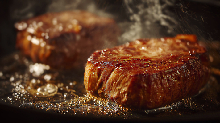 JPG 편집이미지 스테이크 사람없음 레스토랑 프라이팬 굽기 구이 불맛 편집실사 AI포토 AI콘텐츠 음식 주방용품 서양음식 식당 맛 CG 파일형식