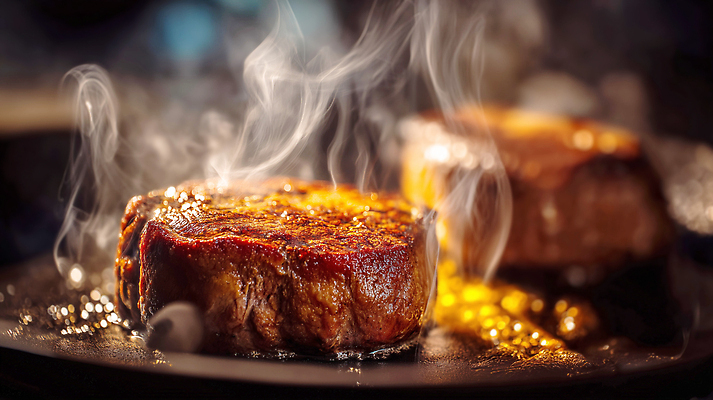 JPG 편집이미지 스테이크 사람없음 레스토랑 프라이팬 굽기 불맛 편집실사 AI포토 AI콘텐츠 주방용품 서양음식 식당 맛 구이 CG 파일형식