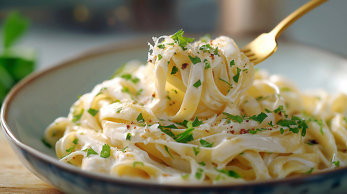 JPG 편집이미지 그릇 포크 파슬리 스파게티 사람없음 레스토랑 이탈리아음식 크림소스 크림파스타 편집실사 AI포토 AI콘텐츠 식기 채소 파스타 서양음식 식당 소스_음식 CG 파일형식