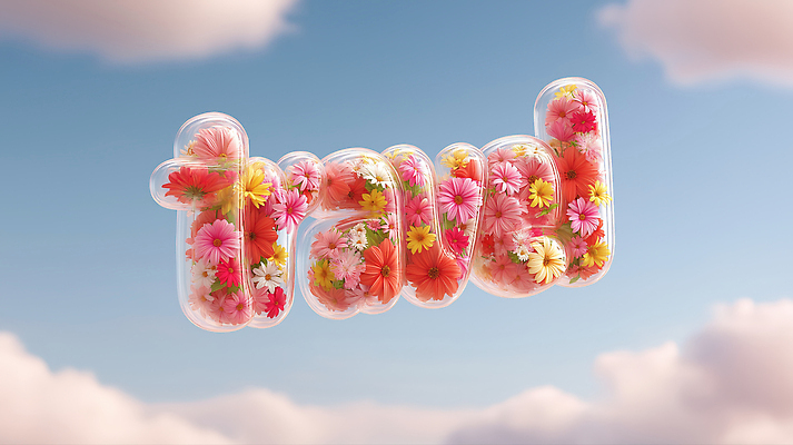 JPG 구름 편집이미지 알파벳 꽃 여행 하늘 타이포그라피 사람없음 3D 투명 이미지편집 편집3D AI컴퓨터그래픽 AI콘텐츠 자연요소 식물 문자 영어 디지털합성 파일형식