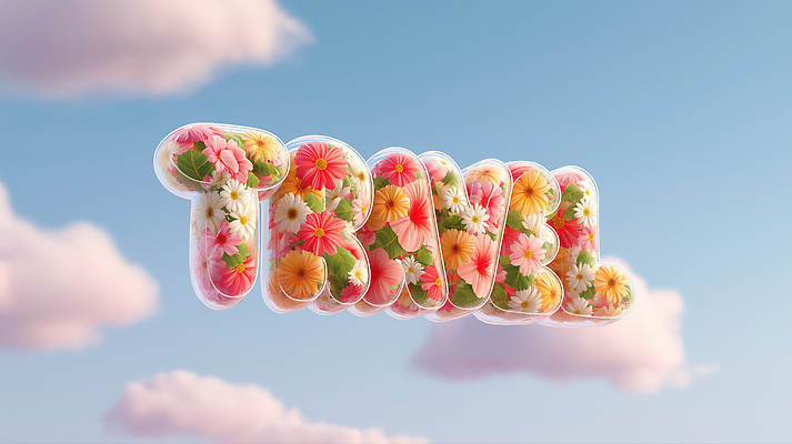 JPG 구름 편집이미지 알파벳 꽃 여행 하늘 타이포그라피 사람없음 3D 투명 이미지편집 편집3D AI컴퓨터그래픽 AI콘텐츠 자연요소 식물 문자 영어 디지털합성 파일형식