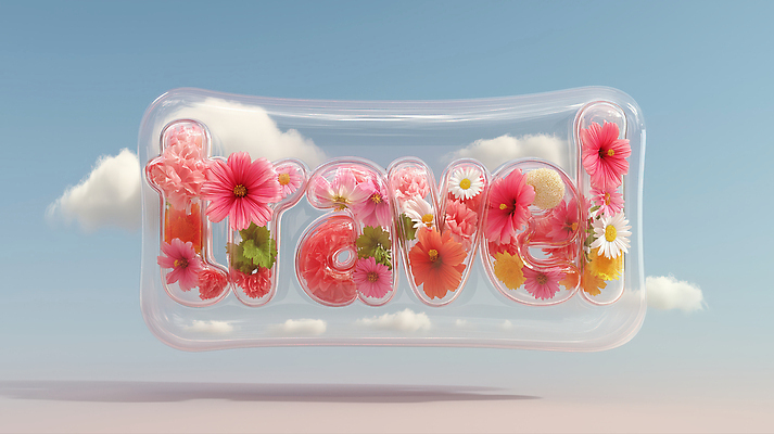 JPG 구름 편집이미지 알파벳 꽃 여행 하늘 타이포그라피 사람없음 3D 투명 이미지편집 편집3D AI컴퓨터그래픽 AI콘텐츠 자연요소 식물 문자 영어 디지털합성 파일형식