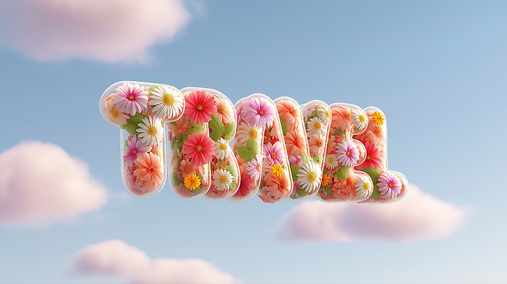 JPG 구름 편집이미지 알파벳 꽃 여행 하늘 타이포그라피 사람없음 3D 이미지편집 편집3D AI컴퓨터그래픽 AI콘텐츠 자연요소 식물 문자 영어 디지털합성 파일형식