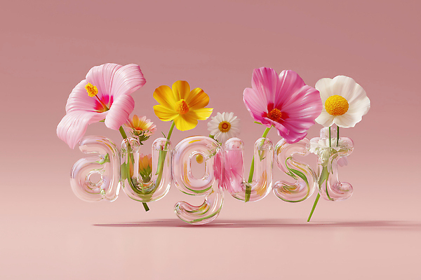 JPG 편집이미지 알파벳 꽃 분홍색 타이포그라피 사람없음 3D 투명 8월 이미지편집 편집3D AI컴퓨터그래픽 AI콘텐츠 식물 문자 영어 컬러 날짜 디지털합성 파일형식