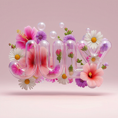 JPG 편집이미지 알파벳 꽃 분홍색 타이포그라피 사람없음 3D 투명 7월 이미지편집 편집3D AI컴퓨터그래픽 AI콘텐츠 식물 문자 영어 컬러 날짜 디지털합성 파일형식