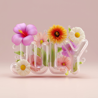 JPG 편집이미지 알파벳 꽃 타이포그라피 사람없음 여름 3D 투명 비눗방울 7월 이미지편집 편집3D AI컴퓨터그래픽 AI콘텐츠 식물 문자 영어 계절 날짜 디지털합성 파일형식