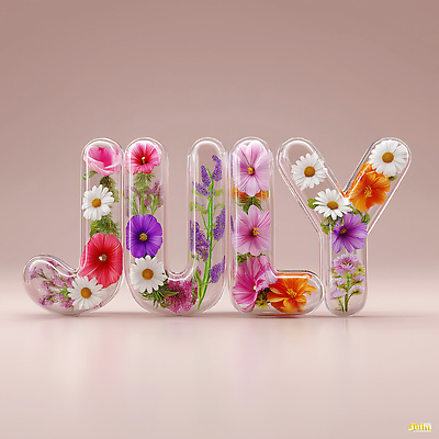 JPG 편집이미지 알파벳 꽃 분홍색 타이포그라피 사람없음 3D 투명 7월 이미지편집 편집3D AI컴퓨터그래픽 AI콘텐츠 식물 문자 영어 컬러 날짜 디지털합성 파일형식