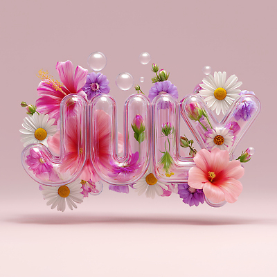 JPG 편집이미지 알파벳 꽃 분홍색 타이포그라피 사람없음 3D 투명 비눗방울 7월 이미지편집 편집3D AI컴퓨터그래픽 AI콘텐츠 식물 문자 영어 컬러 날짜 디지털합성 파일형식