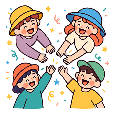 모자 여자 남자 행복 어린이 일러스트 웃음 여러명 상반신 친구 컬러풀 즐거움 손모양 손뻗기 국내일러스트 AI파일 모양 잡화 감정 컬러 다수 관계 모션 표정 사람 파일형식 벡터 손_신체부위
