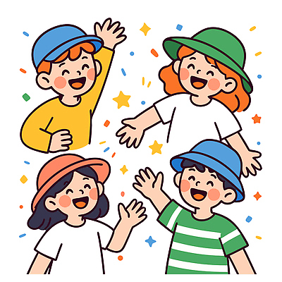 모자 여자 남자 행복 어린이 일러스트 표정 웃음 여러명 상반신 친구 컬러풀 파티 손들기 즐거움 국내일러스트 AI파일 잡화 감정 컬러 다수 관계 모션 사람 이벤트 파일형식 벡터