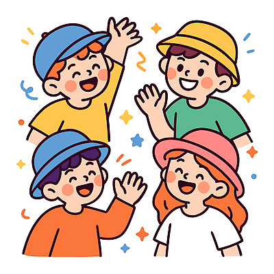 모자 여자 남자 행복 어린이 일러스트 웃음 여러명 상반신 친구 컬러풀 손들기 즐거움 국내일러스트 AI파일 잡화 감정 컬러 다수 관계 모션 표정 사람 파일형식 벡터