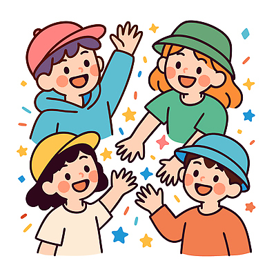 모자 여자 남자 행복 어린이 일러스트 웃음 여러명 상반신 친구 컬러풀 손들기 즐거움 손뻗기 국내일러스트 AI파일 잡화 감정 컬러 다수 관계 모션 표정 사람 파일형식 벡터