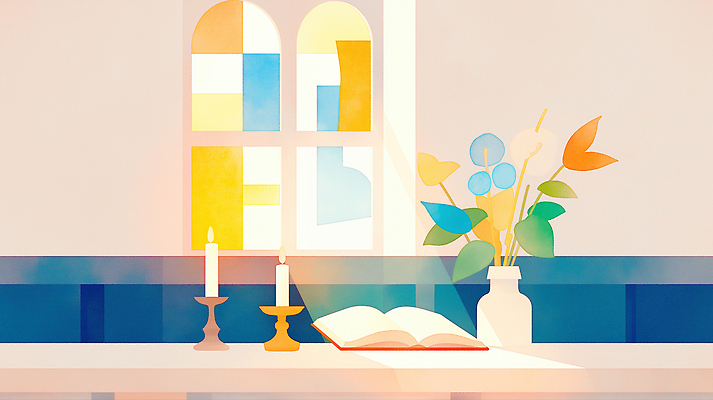 JPG 기독교 일러스트 초 창문 수채화 사람없음 빛 햇빛 꽃병 성경 고요 천주교 촛대 스테인드글라스 국내일러스트 AI일러스트 AI콘텐츠 꽃 종교 종교용품 유리 태양 파일형식