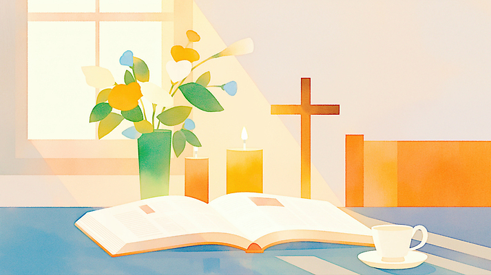 JPG 꽃 기독교 십자가 일러스트 초 창문 수채화 사람없음 빛 햇빛 꽃병 성경 고요 천주교 머그컵 컵받침 창가 국내일러스트 AI일러스트 AI콘텐츠 식물 종교 종교용품 컵 태양 받침대 파일형식