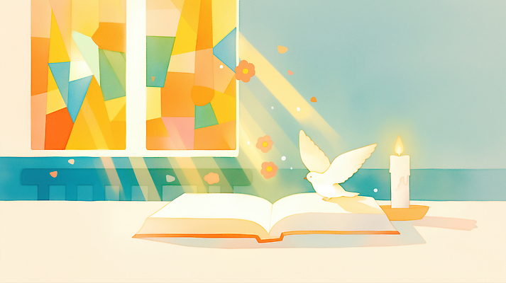 JPG 기독교 일러스트 초 창문 수채화 사람없음 빛 햇빛 성경 고요 천주교 창가 스테인드글라스 백비둘기 국내일러스트 AI일러스트 AI콘텐츠 종교 종교용품 유리 태양 비둘기 파일형식