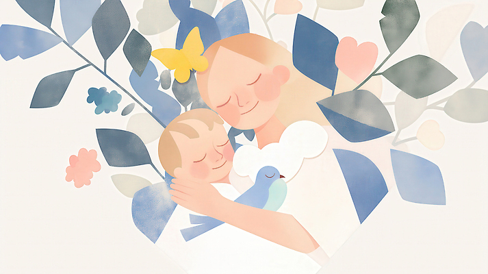 JPG 여자 꽃 행복 나비 잎 일러스트 포옹 조류 엄마 사랑 미소 두명 눈감음 아기 모성애 국내일러스트 AI일러스트 AI콘텐츠 식물 동물 감정 곤충 가족 안기 모션 표정 사람 파일형식