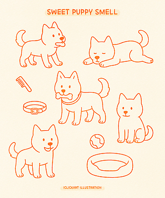 엎드리기 라인일러스트 일러스트 공 방석 앉기 사람없음 귀여움 강아지 라인아트 개목걸이 살구 애견빗 국내일러스트 AI파일 선 컨셉 과일 모션 반려동물 개 애견용품 파일형식 벡터