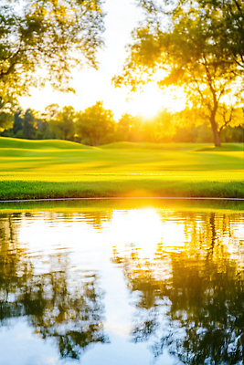 JPG 나무 편집이미지 호수 골프장 하늘 잔디 사람없음 햇빛 반사 노을 편집실사 AI포토 AI콘텐츠 자연요소 식물 골프 스포츠시설 태양 CG 파일형식