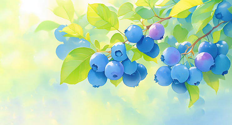 JPG 열매 잎 일러스트 수채화 사람없음 연두색 파란색 햇빛 나뭇가지 신선 블루베리 국내일러스트 AI일러스트 AI콘텐츠 나무 식물 컬러 과일 초록색 태양 파일형식