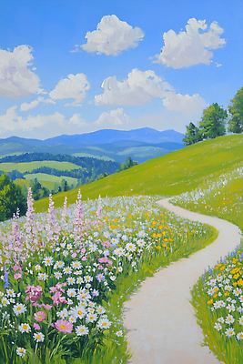 JPG 나무 구름 길 여행 하늘색 꽃밭 일러스트 하늘 잔디 사람없음 야외 연두색 여름풍경 들꽃 언덕 유화 풍경화 산맥 국내일러스트 AI일러스트 AI콘텐츠 자연요소 식물 꽃 산 미술 풍경 초록색 파란색 그림 파일형식 여름_계절