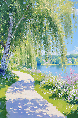 JPG 나무 구름 꽃 호수 일러스트 하늘 잔디 사람없음 연두색 햇빛 여름풍경 산책로 연못 그림 주말 나무그늘 느티나무 유화 국내일러스트 AI일러스트 AI콘텐츠 자연요소 식물 길 미술 풍경 초록색 태양 그늘 파일형식 여름_계절