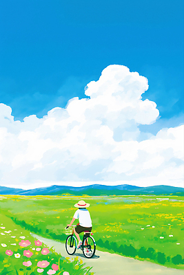 JPG 전신 구름 남자 여행 꽃밭 일러스트 자연 하늘 한명 잔디 초원 성인 초록색 파란색 평화 자전거 여름풍경 자유 시골 승차 즐거움 밀짚모자 풍경화 산맥 국내일러스트 AI일러스트 AI콘텐츠 자연요소 식물 모자_잡화 1 꽃 감정 컬러 컨셉 모션 산 사람 풍경 바이크 그림 생태계 파일형식 여름_계절