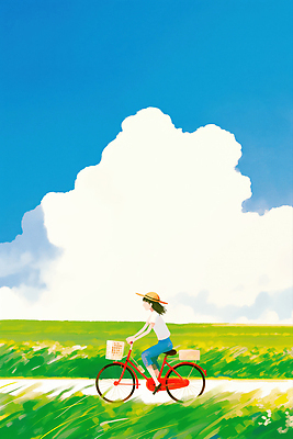 JPG 전신 구름 여자 꽃 일러스트 자연 하늘 한명 초원 성인 초록색 파란색 자전거 여름풍경 자유 시골 잡기 승차 즐거움 밀짚모자 국내일러스트 AI일러스트 AI콘텐츠 자연요소 식물 모자_잡화 1 감정 컬러 컨셉 모션 사람 풍경 바이크 생태계 파일형식 여름_계절
