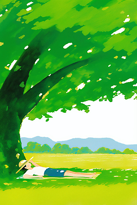 JPG 전신 남자 여유 일러스트 자연 하늘 휴식 한명 잔디 초원 성인 초록색 눕기 평화 여름풍경 시골 잡기 돗자리 밀짚모자 낮잠 나무그늘 산맥 국내일러스트 AI일러스트 AI콘텐츠 나무 식물 모자_잡화 1 감정 컬러 컨셉 모션 산 사람 풍경 잠 그늘 생태계 파일형식 여름_계절