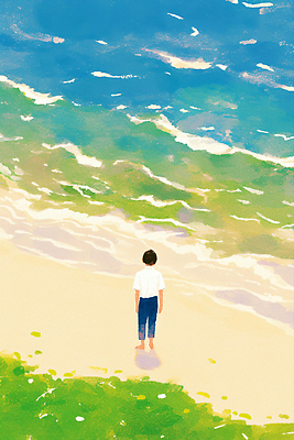 JPG 전신 남자 여유 물결 파도 일러스트 자연 휴식 한명 소년 잔디 성인 해변 연두색 파란색 모래사장 평화 여름풍경 산책 자유 물거품 차분 국내일러스트 AI일러스트 AI콘텐츠 식물 1 감정 어린이 바다 컬러 컨셉 사람 풍경 초록색 거품 생태계 파일형식 여름_계절