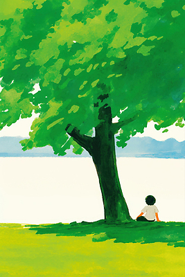 JPG 전신 남자 행복 호수 여유 어린이 일러스트 자연 한명 앉기 잔디 초록색 햇빛 평화 여름풍경 감상 나무그늘 손짚기 국내일러스트 AI일러스트 AI콘텐츠 나무 식물 1 감정 컬러 컨셉 모션 사람 풍경 손짓 태양 그늘 생태계 파일형식 여름_계절