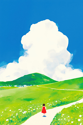 JPG 전신 구름 여자 길 꽃밭 일러스트 자연 하늘 산 주택 한명 초원 초록색 파란색 평화 걷기 마을 여름풍경 산책 시골 언덕 풍경화 국내일러스트 AI일러스트 AI콘텐츠 자연요소 1 꽃 컬러 컨셉 모션 휴식 사람 풍경 건물 그림 생태계 파일형식 여름_계절